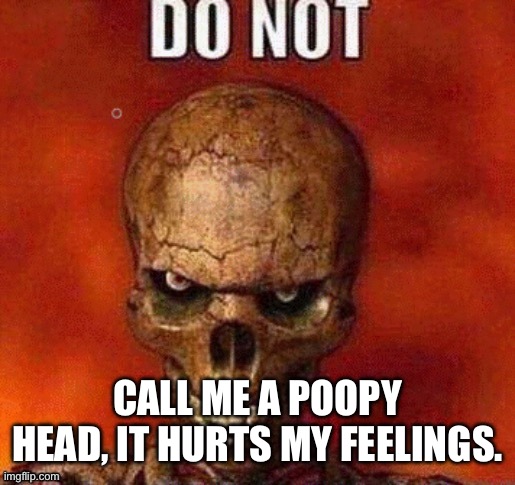 My favorite genre of memes is taking “badass looking” ones and making them like this | CALL ME A POOPY HEAD, IT HURTS MY FEELINGS. | image tagged in do not skeleton | made w/ Imgflip meme maker
