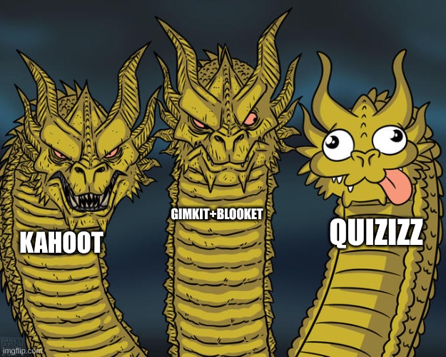 Does anyone even use quizizz? | GIMKIT+BLOOKET; QUIZIZZ; KAHOOT | image tagged in three-headed dragon,memes,kahoot | made w/ Imgflip meme maker