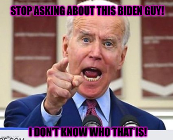 Joe Biden no malarkey | STOP ASKING ABOUT THIS BIDEN GUY! I DON'T KNOW WHO THAT IS! | image tagged in joe biden no malarkey | made w/ Imgflip meme maker