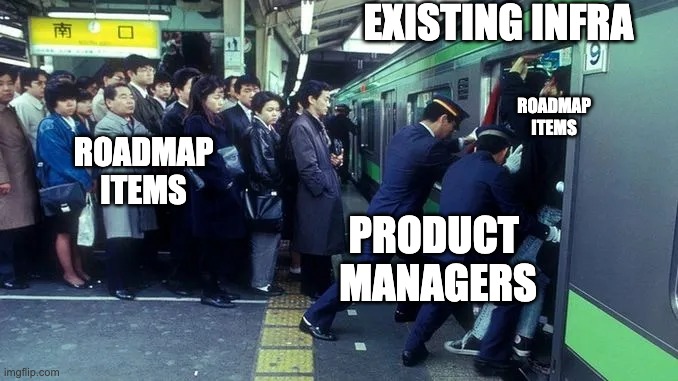 Japanese Train Pushers | EXISTING INFRA; ROADMAP
ITEMS; ROADMAP
ITEMS; PRODUCT 
MANAGERS | image tagged in japanese train pushers | made w/ Imgflip meme maker