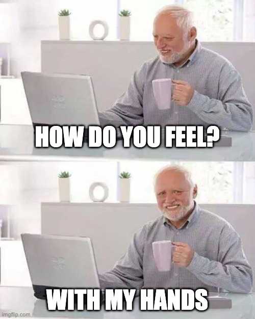 feelings | HOW DO YOU FEEL? WITH MY HANDS | image tagged in memes,hide the pain harold | made w/ Imgflip meme maker