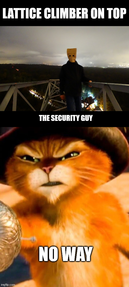 Puss In Boots meme | LATTICE CLIMBER ON TOP; THE SECURITY GUY; NO WAY | image tagged in latticeclimbing,pussinboots,wish,germany,memes,tower | made w/ Imgflip meme maker