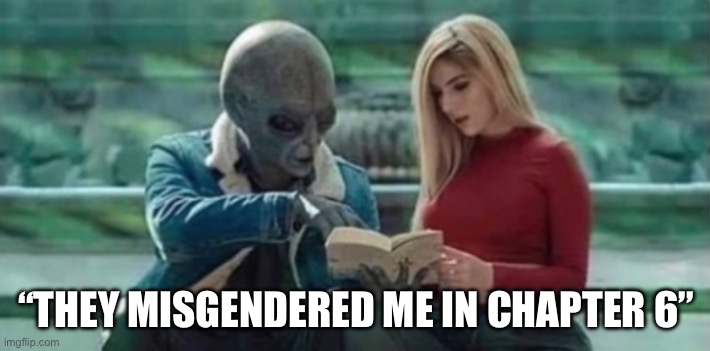 “THEY MISGENDERED ME IN CHAPTER 6” | image tagged in aliens,ufos | made w/ Imgflip meme maker