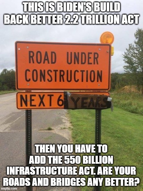 Build Back Better | THIS IS BIDEN'S BUILD BACK BETTER 2.2 TRILLION ACT; THEN YOU HAVE TO ADD THE 550 BILLION INFRASTRUCTURE ACT. ARE YOUR ROADS AND BRIDGES ANY BETTER? | image tagged in build back better | made w/ Imgflip meme maker