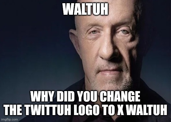 mike ehrmantraut | WALTUH; WHY DID YOU CHANGE THE TWITTUH LOGO TO X WALTUH | image tagged in mike ehrmantraut | made w/ Imgflip meme maker