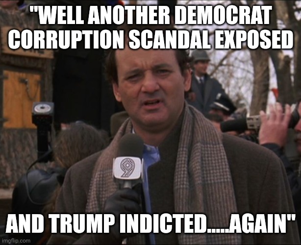 Look at the birdy.... | "WELL ANOTHER DEMOCRAT CORRUPTION SCANDAL EXPOSED; AND TRUMP INDICTED.....AGAIN" | image tagged in bill murray groundhog day | made w/ Imgflip meme maker