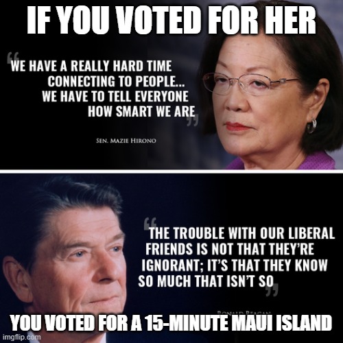 Hawaii Betrayed By Their Own | IF YOU VOTED FOR HER; YOU VOTED FOR A 15-MINUTE MAUI ISLAND | image tagged in hawaii betrayed by their own | made w/ Imgflip meme maker