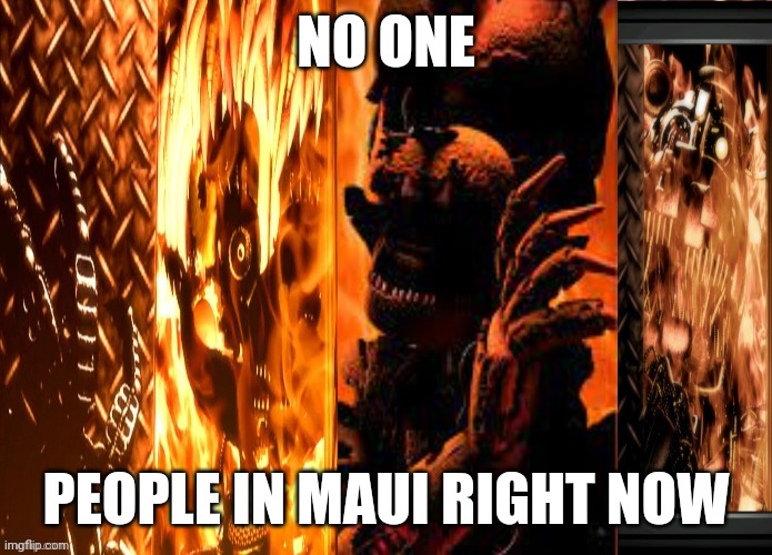 May be to soon oh well | NO ONE; PEOPLE IN MAUI RIGHT NOW | image tagged in fnaf 6 characters burning | made w/ Imgflip meme maker