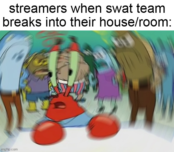 Mr Krabs Blur Meme | streamers when swat team breaks into their house/room: | image tagged in memes,mr krabs blur meme | made w/ Imgflip meme maker