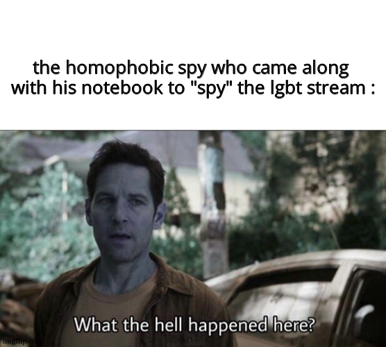 What the hell happened here? | the homophobic spy who came along
 with his notebook to "spy" the lgbt stream : | image tagged in what the hell happened here | made w/ Imgflip meme maker