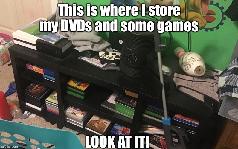 Cool collection | This is where I store my DVDs and some games; LOOK AT IT! | made w/ Imgflip meme maker