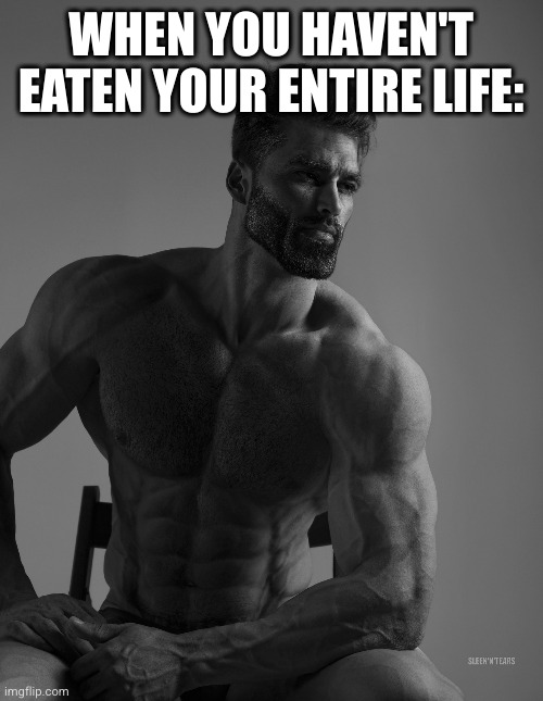 Giga Chad | WHEN YOU HAVEN'T EATEN YOUR ENTIRE LIFE: | image tagged in giga chad | made w/ Imgflip meme maker