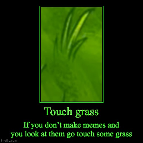 Touch grass | Touch grass | If you don’t make memes and you look at them go touch some grass | image tagged in funny,demotivationals | made w/ Imgflip demotivational maker