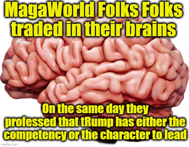 MagaWorld Folks Folks traded in their brains On the same day they professed that tRump has either the competency or the character to lead | made w/ Imgflip meme maker