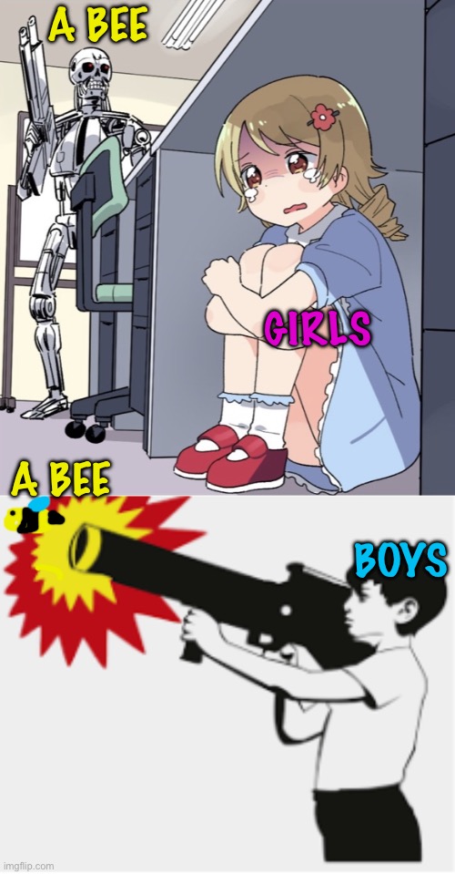 Boys vs Girls | A BEE; GIRLS; A BEE; BOYS | image tagged in anime girl hiding from terminator,bazooka boy,girls vs boys,boys vs girls | made w/ Imgflip meme maker