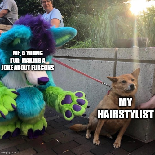 It's a long story (will explain in comments) | ME, A YOUNG FUR, MAKING A JOKE ABOUT FURCONS; MY HAIRSTYLIST | image tagged in dog afraid of furry | made w/ Imgflip meme maker
