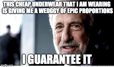 I Guarantee It | THIS CHEAP UNDERWEAR THAT I AM WEARING IS GIVING ME A WEDGGY OF EPIC PROPORTIONS I GUARANTEE IT | image tagged in memes,i guarantee it | made w/ Imgflip meme maker