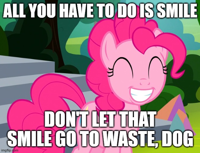 Cute Pinkie Pie (MLP) | ALL YOU HAVE TO DO IS SMILE; DON'T LET THAT SMILE GO TO WASTE, DOG | image tagged in cute pinkie pie mlp | made w/ Imgflip meme maker