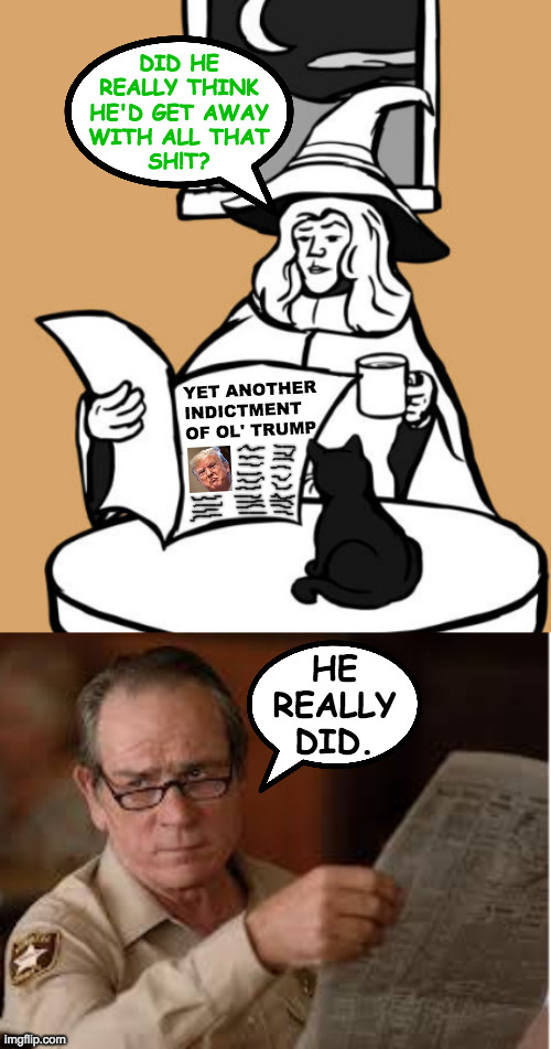 Are you a good witch or a bad witch? | DID HE
REALLY THINK
HE'D GET AWAY
WITH ALL THAT
SH!T? YET ANOTHER
INDICTMENT
OF OL' TRUMP; HE REALLY DID. | image tagged in no country for old men tommy lee jones,memes,witch hunt,trump | made w/ Imgflip meme maker