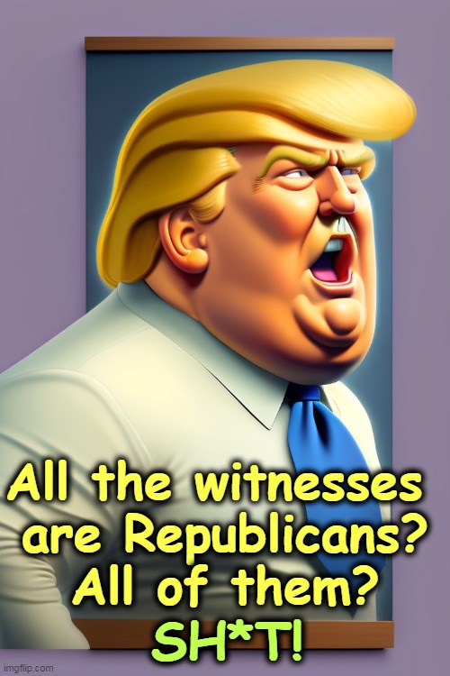 All the witnesses 
are Republicans?
All of them? SH*T! | image tagged in trump,lawsuit,only,republican,witnesses | made w/ Imgflip meme maker