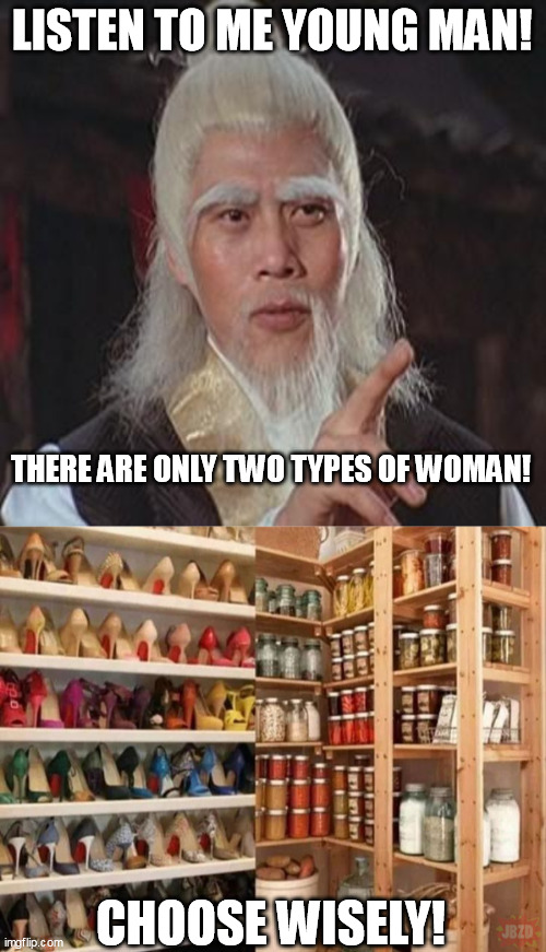 listen up xD | LISTEN TO ME YOUNG MAN! THERE ARE ONLY TWO TYPES OF WOMAN! CHOOSE WISELY! | image tagged in wise kung fu master,choose wisely | made w/ Imgflip meme maker