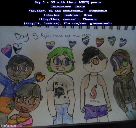 Day 5 of the lgbtq art challenge | Day 5 - OC with their LGBTQ peers
Characters: Chris (he/they, bi and demisexual), Stephanie (she/her, lesbian), Ryan (they/them, asexual), Phoenix (they/it, lesbian), Flo (ze/zem, greysexual) | image tagged in drawings,challenge | made w/ Imgflip meme maker