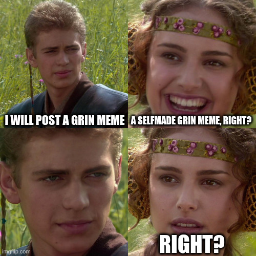 Anakin Padme 4 Panel | I WILL POST A GRIN MEME; A SELFMADE GRIN MEME, RIGHT? RIGHT? | image tagged in anakin padme 4 panel | made w/ Imgflip meme maker