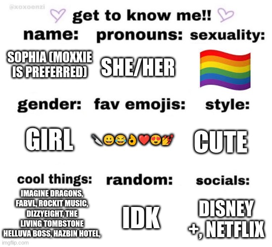 get to know me | SOPHIA (MOXXIE IS PREFERRED); SHE/HER; GIRL; 🔪😀😂👌❤️😍💅; CUTE; IMAGINE DRAGONS, FABVL, ROCKIT MUSIC, DIZZYEIGHT, THE LIVING TOMBSTONE HELLUVA BOSS, HAZBIN HOTEL, IDK; DISNEY +, NETFLIX | image tagged in get to know me | made w/ Imgflip meme maker