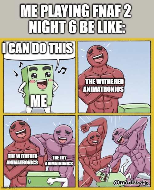 The night is so hard | ME PLAYING FNAF 2 
NIGHT 6 BE LIKE:; I CAN DO THIS; THE WITHERED ANIMATRONICS; ME; THE WITHERED ANIMATRONICS; THE TOY ANIMATRONICS | image tagged in guy getting beat up | made w/ Imgflip meme maker