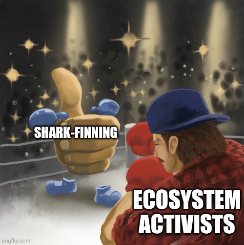 Let's end shark poaching | SHARK-FINNING; ECOSYSTEM ACTIVISTS | image tagged in mrballen vs the like button | made w/ Imgflip meme maker