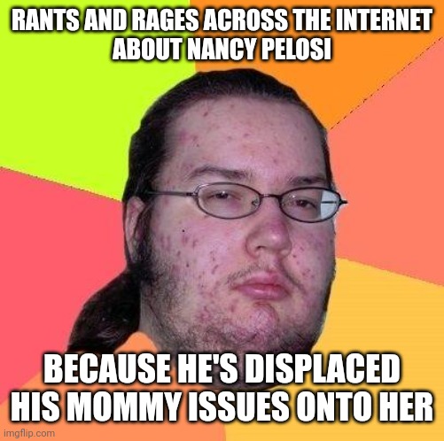 It's hard to effectively critique a politician that so many other critics have just displaced their mommy issues onto. | RANTS AND RAGES ACROSS THE INTERNET
ABOUT NANCY PELOSI; BECAUSE HE'S DISPLACED HIS MOMMY ISSUES ONTO HER | image tagged in neckbeard libertarian,nancy pelosi,feelings,rant,rage,mommy | made w/ Imgflip meme maker