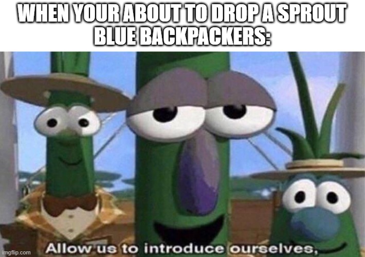 R U KIDDING ME? | WHEN YOUR ABOUT TO DROP A SPROUT
BLUE BACKPACKERS: | image tagged in veggietales 'allow us to introduce ourselfs' | made w/ Imgflip meme maker
