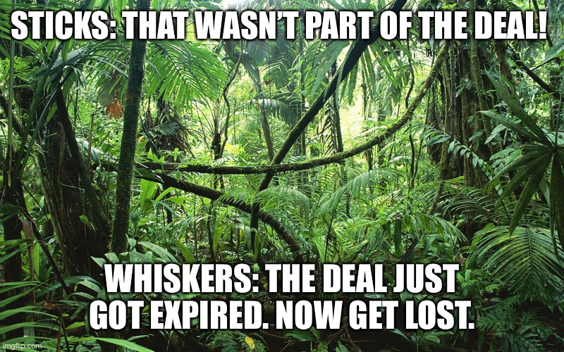 Sticks deal | STICKS: THAT WASN’T PART OF THE DEAL! WHISKERS: THE DEAL JUST GOT EXPIRED. NOW GET LOST. | image tagged in jungle | made w/ Imgflip meme maker