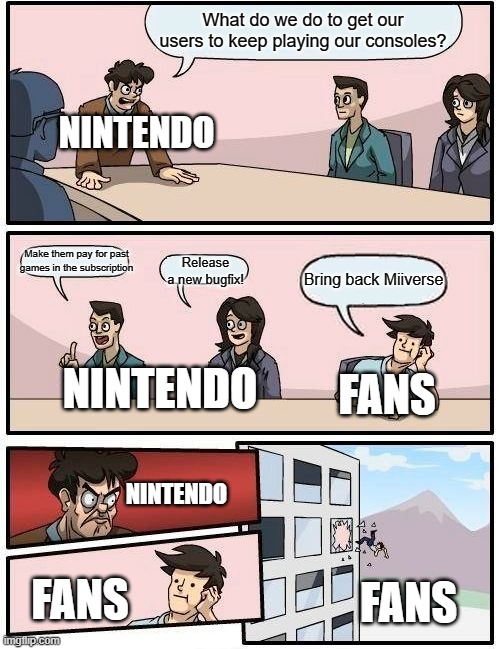Nintendo VS Fans - Miiverse | What do we do to get our users to keep playing our consoles? NINTENDO; Make them pay for past games in the subscription; Release a new bugfix! Bring back Miiverse; FANS; NINTENDO; NINTENDO; FANS; FANS | image tagged in memes,boardroom meeting suggestion,nintendo,miiverse,nintendovsfans | made w/ Imgflip meme maker