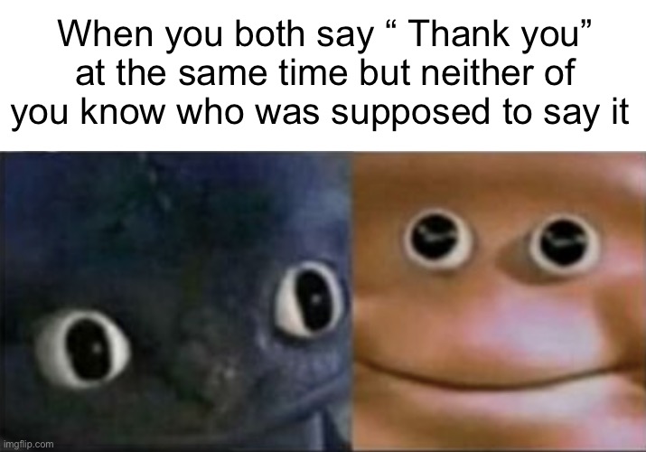 Happened to me today, it’s so awkward | When you both say “ Thank you” at the same time but neither of you know who was supposed to say it | image tagged in blank stare dragon,lol,memes,funny | made w/ Imgflip meme maker