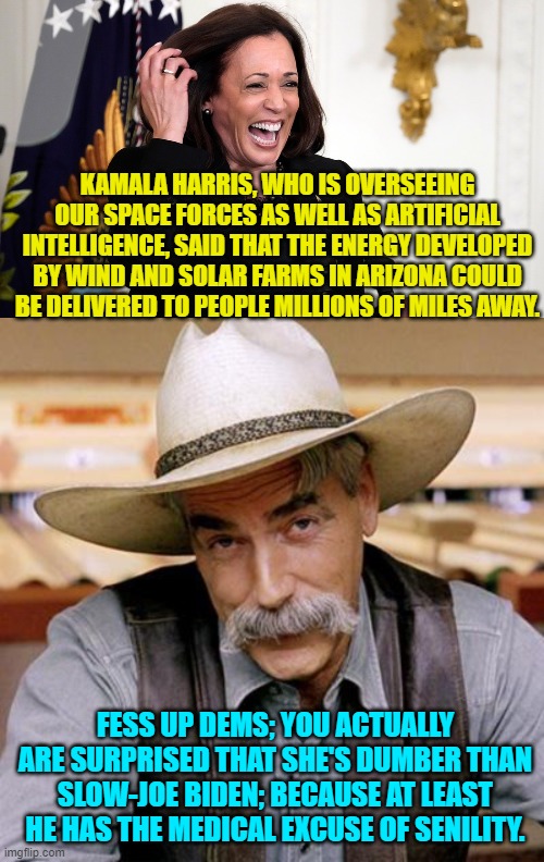 A bitter Dem Party pill to swallow, eh? | KAMALA HARRIS, WHO IS OVERSEEING OUR SPACE FORCES AS WELL AS ARTIFICIAL INTELLIGENCE, SAID THAT THE ENERGY DEVELOPED BY WIND AND SOLAR FARMS IN ARIZONA COULD BE DELIVERED TO PEOPLE MILLIONS OF MILES AWAY. FESS UP DEMS; YOU ACTUALLY ARE SURPRISED THAT SHE'S DUMBER THAN SLOW-JOE BIDEN; BECAUSE AT LEAST HE HAS THE MEDICAL EXCUSE OF SENILITY. | image tagged in yep | made w/ Imgflip meme maker