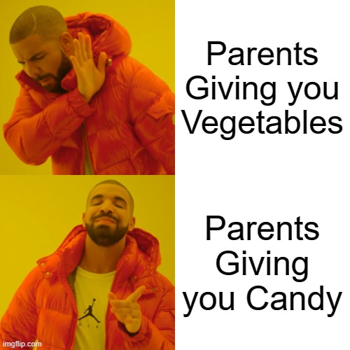Drake Hotline Bling Meme | Parents Giving you Vegetables Parents Giving you Candy | image tagged in memes,drake hotline bling | made w/ Imgflip meme maker
