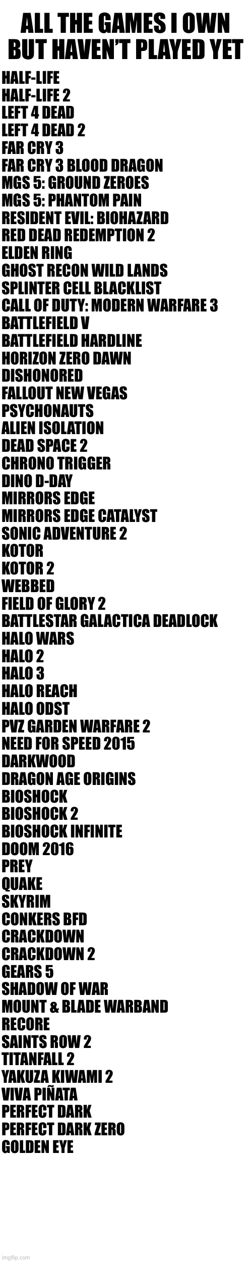 Wee | ALL THE GAMES I OWN BUT HAVEN’T PLAYED YET; HALF-LIFE
HALF-LIFE 2
LEFT 4 DEAD
LEFT 4 DEAD 2
FAR CRY 3
FAR CRY 3 BLOOD DRAGON
MGS 5: GROUND ZEROES
MGS 5: PHANTOM PAIN
RESIDENT EVIL: BIOHAZARD
RED DEAD REDEMPTION 2
ELDEN RING
GHOST RECON WILD LANDS
SPLINTER CELL BLACKLIST
CALL OF DUTY: MODERN WARFARE 3
BATTLEFIELD V
BATTLEFIELD HARDLINE
HORIZON ZERO DAWN
DISHONORED
FALLOUT NEW VEGAS
PSYCHONAUTS
ALIEN ISOLATION
DEAD SPACE 2
CHRONO TRIGGER
DINO D-DAY
MIRRORS EDGE
MIRRORS EDGE CATALYST
SONIC ADVENTURE 2
KOTOR
KOTOR 2
WEBBED
FIELD OF GLORY 2
BATTLESTAR GALACTICA DEADLOCK
HALO WARS
HALO 2
HALO 3
HALO REACH
HALO ODST
PVZ GARDEN WARFARE 2
NEED FOR SPEED 2015
DARKWOOD
DRAGON AGE ORIGINS
BIOSHOCK
BIOSHOCK 2
BIOSHOCK INFINITE
DOOM 2016
PREY
QUAKE
SKYRIM
CONKERS BFD
CRACKDOWN
CRACKDOWN 2
GEARS 5
SHADOW OF WAR
MOUNT & BLADE WARBAND
RECORE
SAINTS ROW 2
TITANFALL 2
YAKUZA KIWAMI 2
VIVA PIÑATA
PERFECT DARK
PERFECT DARK ZERO
GOLDEN EYE | made w/ Imgflip meme maker