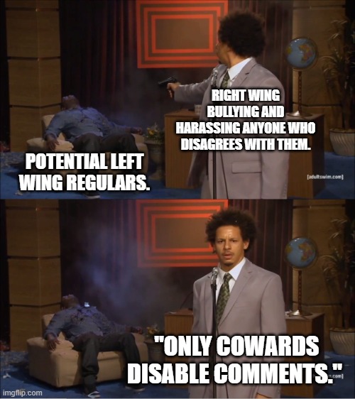 Who Killed Hannibal | RIGHT WING BULLYING AND HARASSING ANYONE WHO DISAGREES WITH THEM. POTENTIAL LEFT WING REGULARS. "ONLY COWARDS DISABLE COMMENTS." | image tagged in memes,who killed hannibal | made w/ Imgflip meme maker
