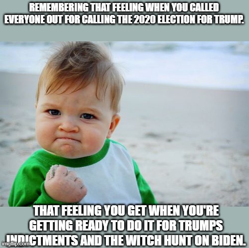Success Kid Original | REMEMBERING THAT FEELING WHEN YOU CALLED EVERYONE OUT FOR CALLING THE 2020 ELECTION FOR TRUMP. THAT FEELING YOU GET WHEN YOU'RE GETTING READY TO DO IT FOR TRUMPS INDICTMENTS AND THE WITCH HUNT ON BIDEN. | image tagged in memes,success kid original | made w/ Imgflip meme maker