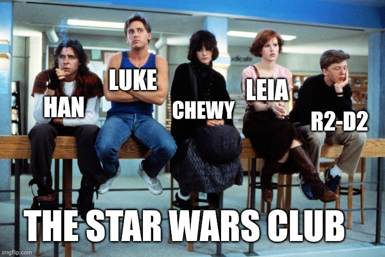 breakfast club | LUKE; LEIA; CHEWY; HAN; R2-D2; THE STAR WARS CLUB | image tagged in breakfast club | made w/ Imgflip meme maker