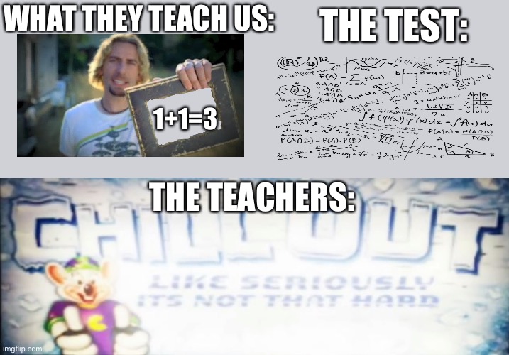 This one’s a little busy but I wanted to use this template | WHAT THEY TEACH US:; THE TEST:; 1+1=3; THE TEACHERS: | image tagged in chill out like seriously it's not that hard,chuck e cheese,teachers,math,funny,school | made w/ Imgflip meme maker