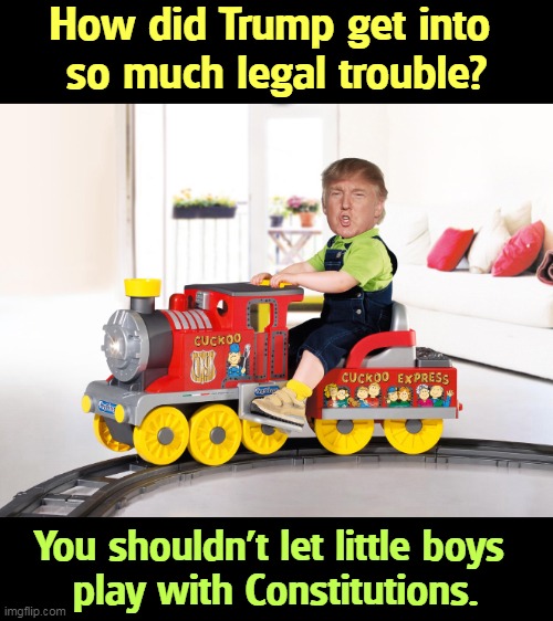 How did Trump get into 
so much legal trouble? You shouldn't let little boys 
play with Constitutions. | image tagged in trump,trouble,play,constitution | made w/ Imgflip meme maker