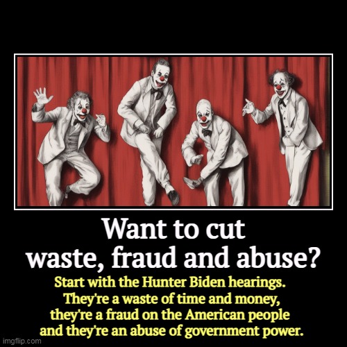 Their own Republican witnesses tell them there's nothing there. | Want to cut waste, fraud and abuse? | Start with the Hunter Biden hearings. 
They're a waste of time and money, they're a fraud on the Ameri | image tagged in funny,demotivationals,waste,fraud,abuse,hunter biden | made w/ Imgflip demotivational maker