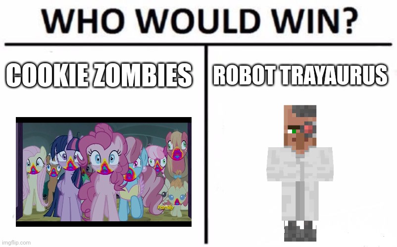 Cookie zombies vs Robot trayaurus | COOKIE ZOMBIES; ROBOT TRAYAURUS | image tagged in memes,who would win,food memes,minecraft,mlp fim,jpfan102504 | made w/ Imgflip meme maker
