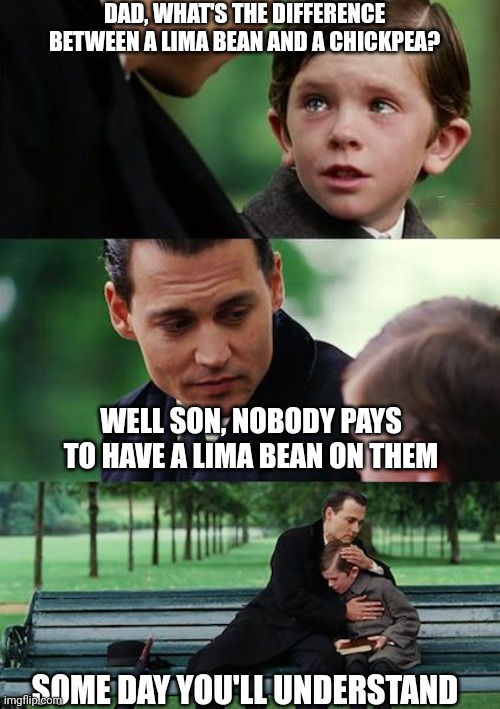 Finding Neverland Meme | DAD, WHAT'S THE DIFFERENCE BETWEEN A LIMA BEAN AND A CHICKPEA? WELL SON, NOBODY PAYS TO HAVE A LIMA BEAN ON THEM; SOME DAY YOU'LL UNDERSTAND | image tagged in memes,finding neverland | made w/ Imgflip meme maker