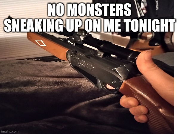 Have at thee ? | NO MONSTERS SNEAKING UP ON ME TONIGHT | image tagged in gun | made w/ Imgflip meme maker