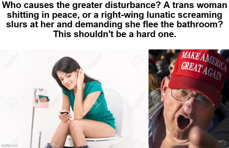 Trans people aren't harming you | Who causes the greater disturbance? A trans woman
shitting in peace, or a right-wing lunatic screaming
slurs at her and demanding she flee the bathroom?
This shouldn't be a hard one. | image tagged in pretty girl on toilet,maga yelling,lgbtq,transphobic,transgender,conservative logic | made w/ Imgflip meme maker