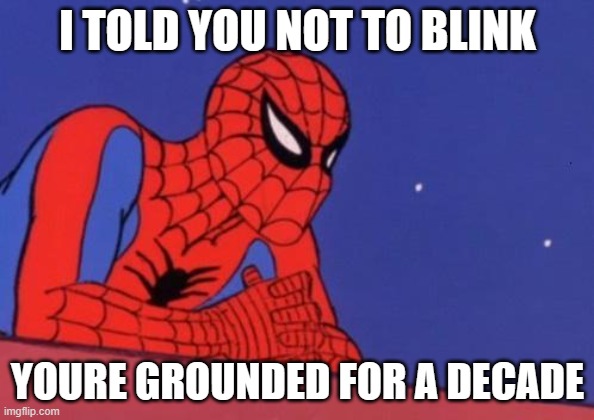 Exaggerated but true | I TOLD YOU NOT TO BLINK; YOURE GROUNDED FOR A DECADE | image tagged in spiderman thinking | made w/ Imgflip meme maker