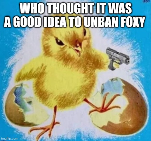 badass chick | WHO THOUGHT IT WAS A GOOD IDEA TO UNBAN FOXY | image tagged in badass chick | made w/ Imgflip meme maker